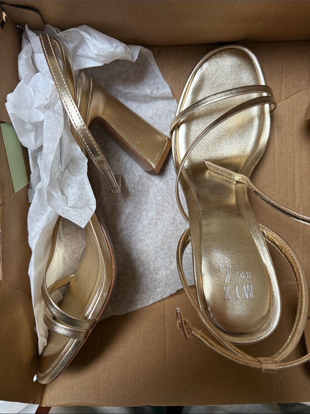 Gold Strappy Block Heel Sandals - Women's